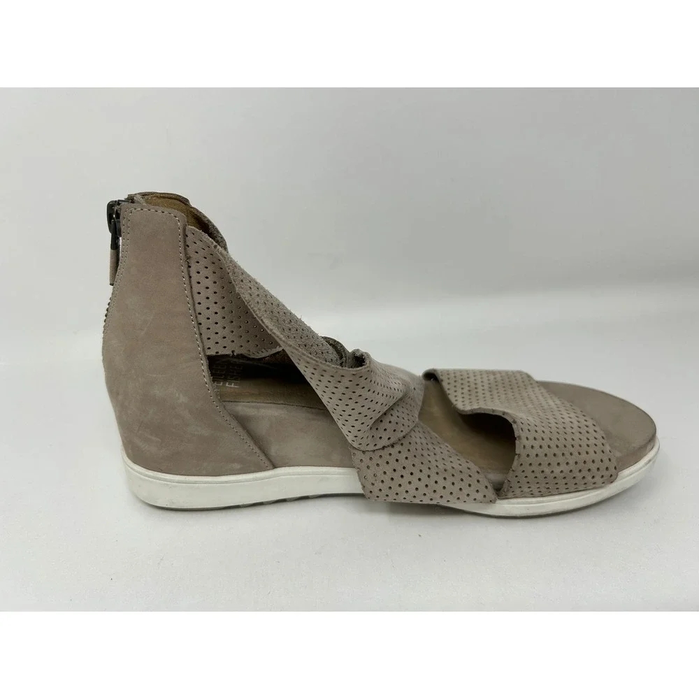 Eileen Fisher Taupe Perforated Suede Wedge Sandals Womens 6.5 Grey Wrap Back Zip